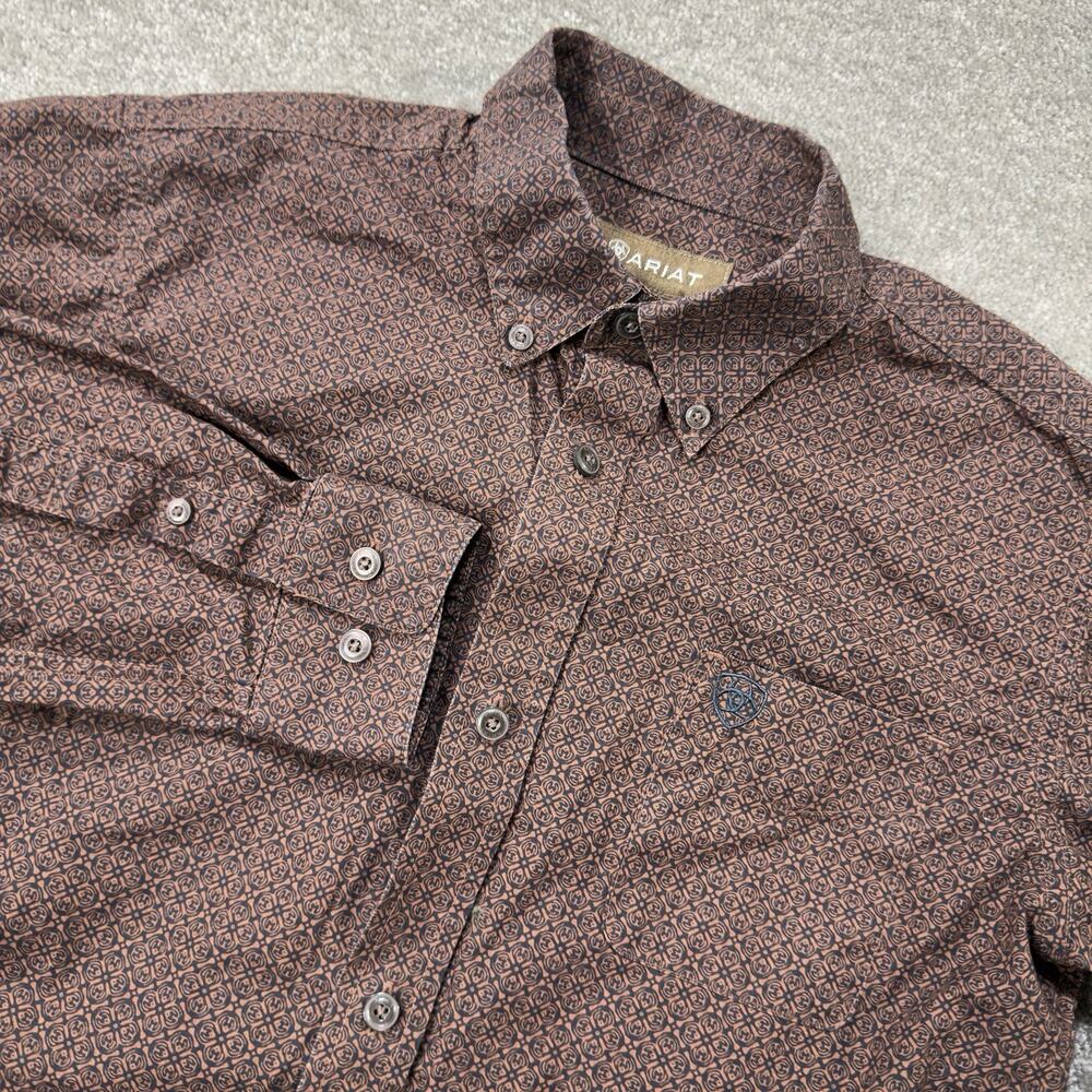 Ariat Boys Long Sleeve Brown Geo Print Button Down Western Shirt Cotton L 14/16